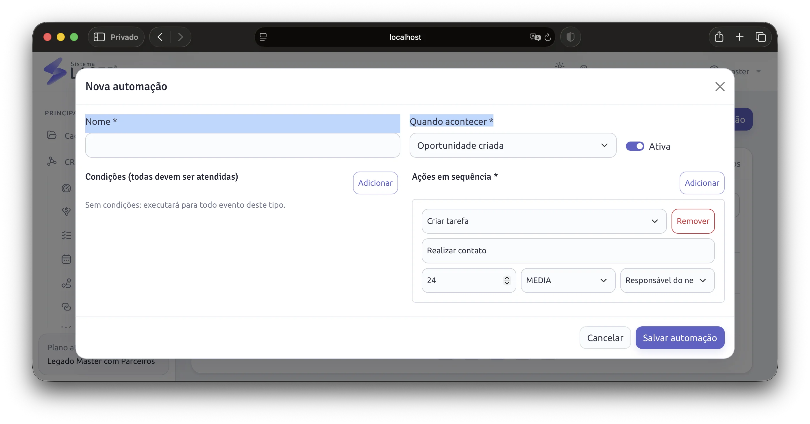 Configuração de automações no CRM do Sistema Laser