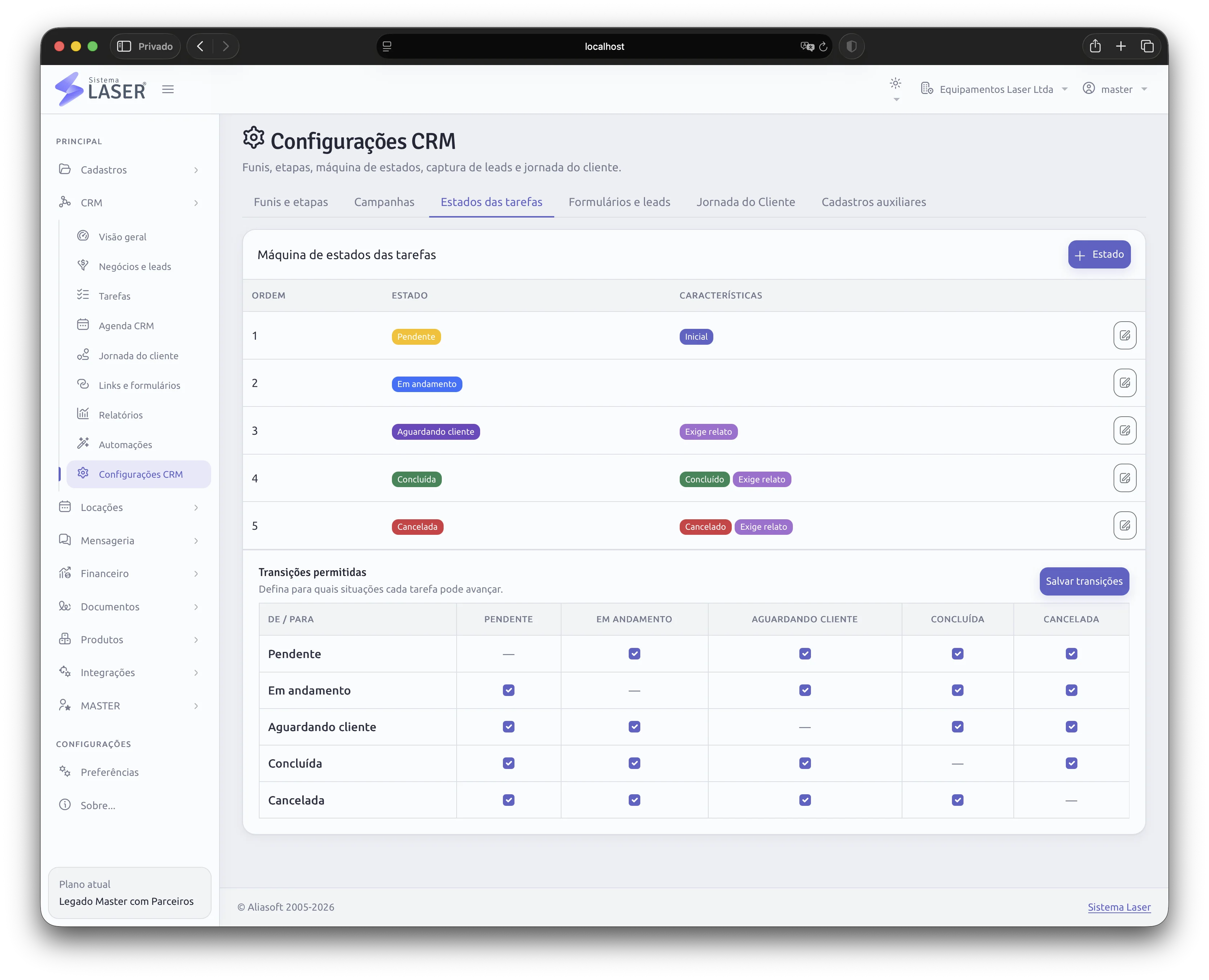 Página de configurações para personalizar e estender o CRM Sistema Laser
