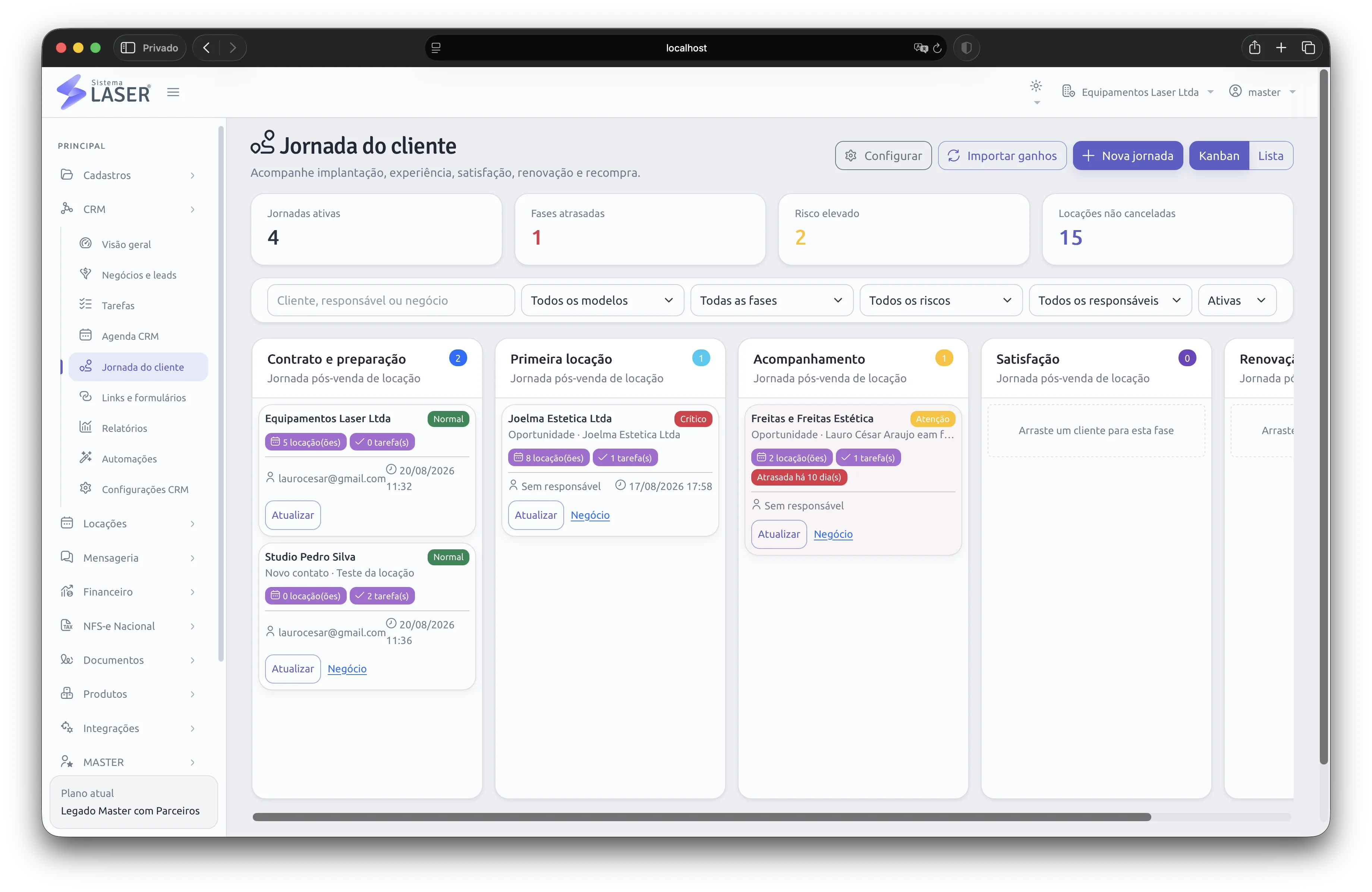 Jornada do Cliente com pedidos e oportunidades no CRM Sistema Laser