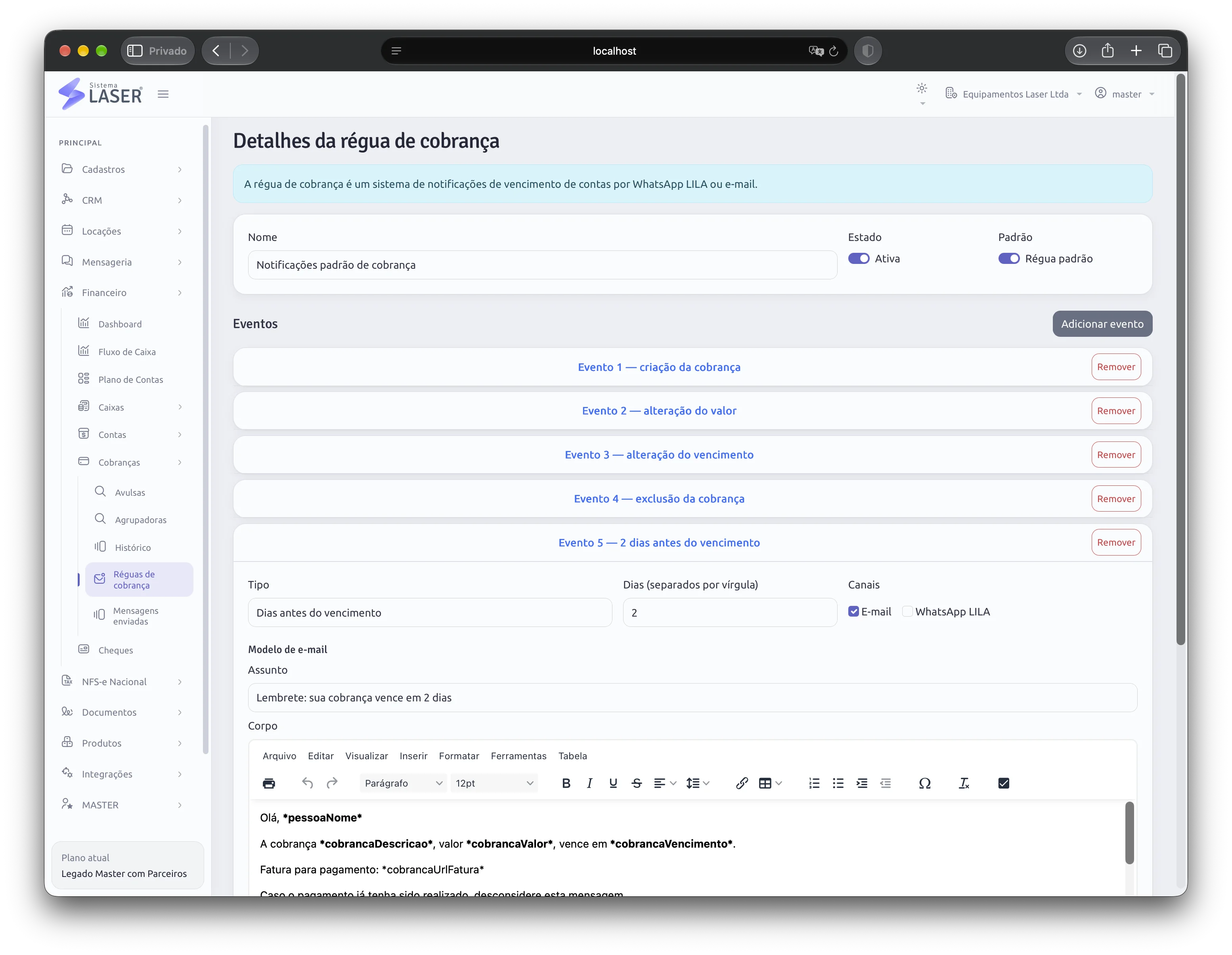 Configuração da régua de cobrança com notificações automáticas