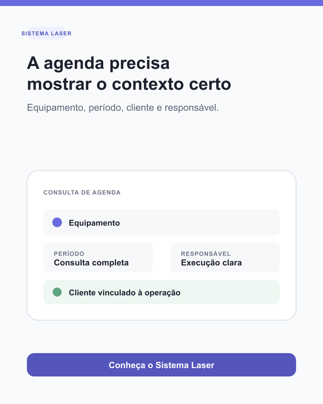 Agenda editorial que reúne equipamento, período, cliente e responsável