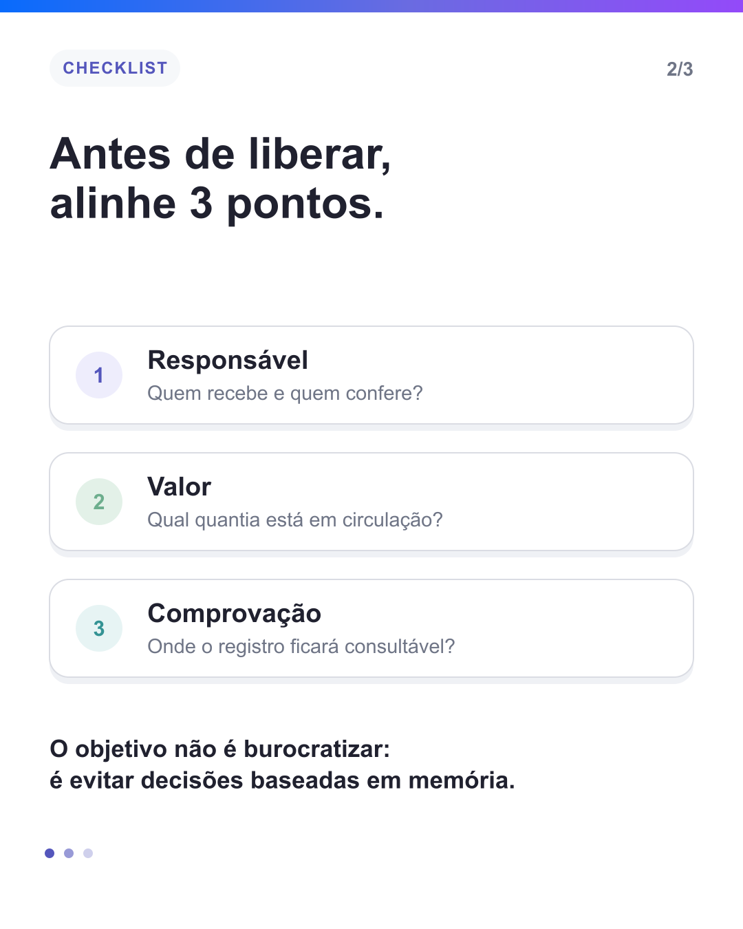 Checklist com responsável, valor e comprovação para o caixa de uma rota
