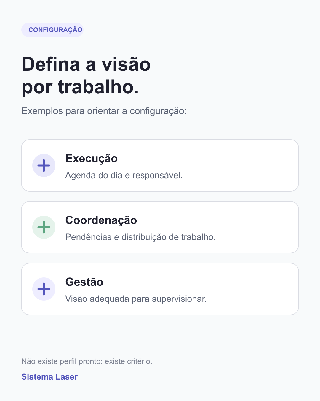 Cartões mostram critérios de visualização da agenda para execução, coordenação e gestão
