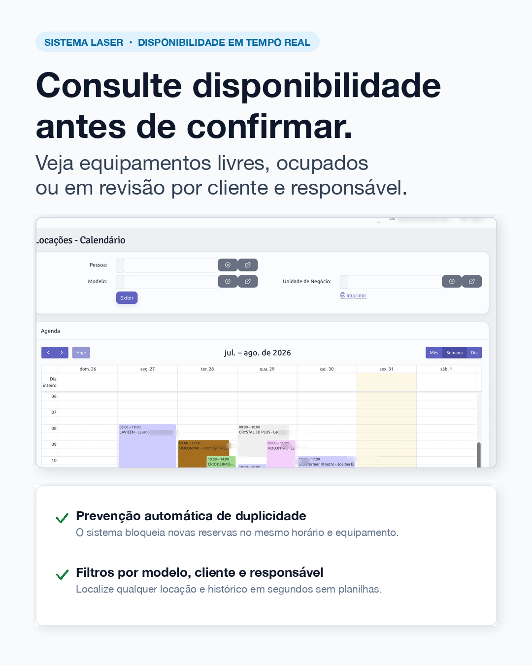 Interface de calendário e controle de disponibilidade do Sistema Laser