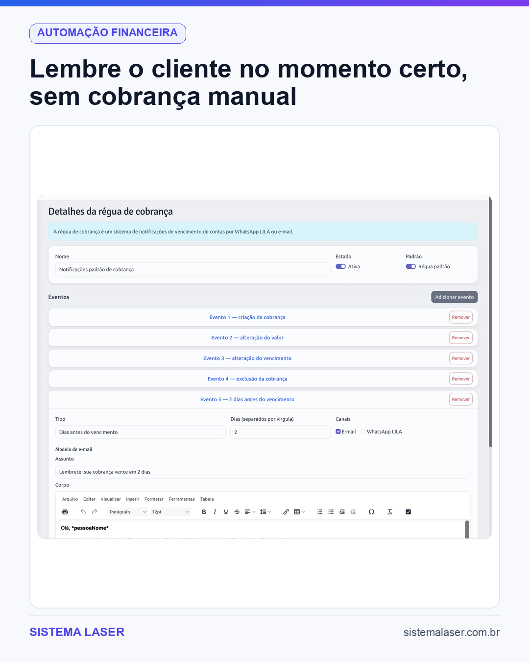 Tela de configuração de régua de cobrança com notificações automáticas no Sistema Laser