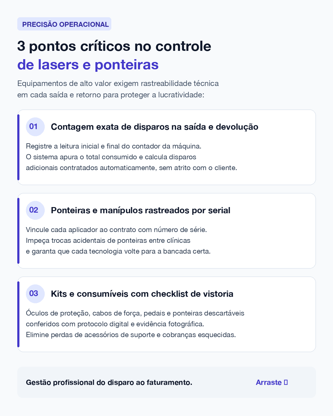 Infográfico demonstrando os três pontos críticos no controle de lasers e ponteiras no Sistema Laser