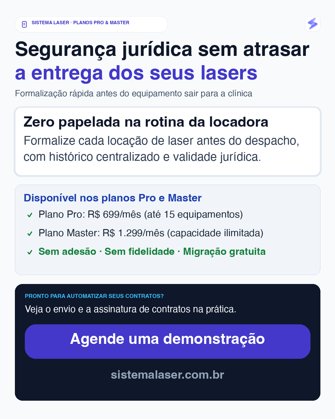 Quadro comercial do Sistema Laser com apresentação dos planos Pro e Master e chamada para demonstração